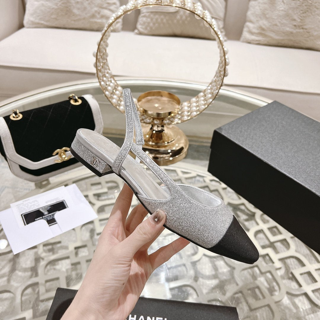 CHANEL slingback 2.5 glitter silver black grosgrain