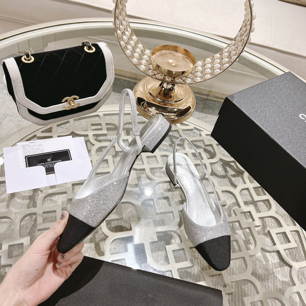 CHANEL slingback 2.5 glitter silver black grosgrain