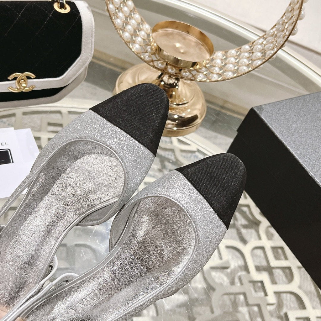 CHANEL slingback 2.5 glitter silver black grosgrain