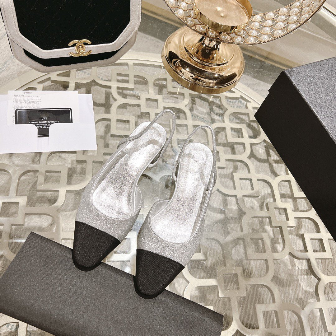 CHANEL slingback 2.5 glitter silver black grosgrain