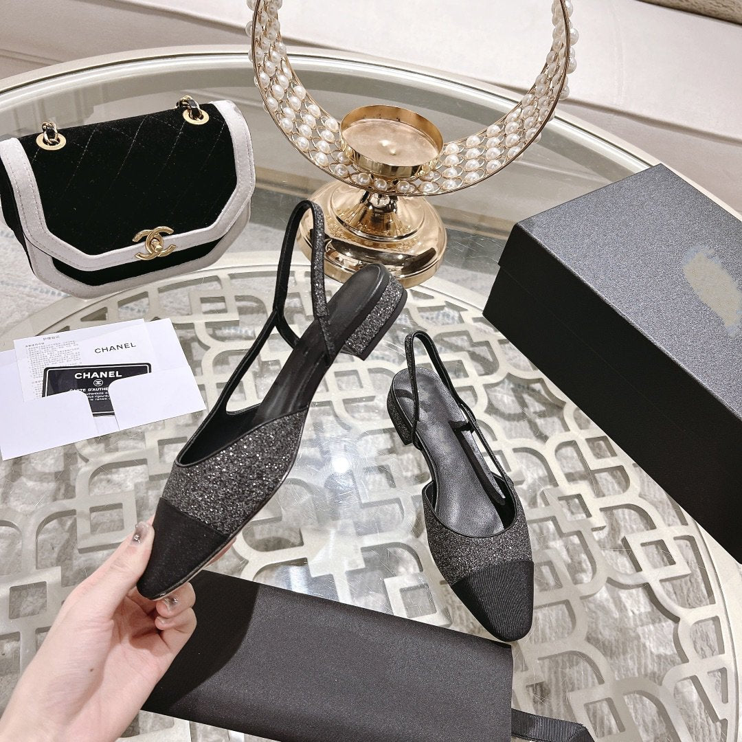 CHANEL slingback 2.5 glietter grey black grosgrain
