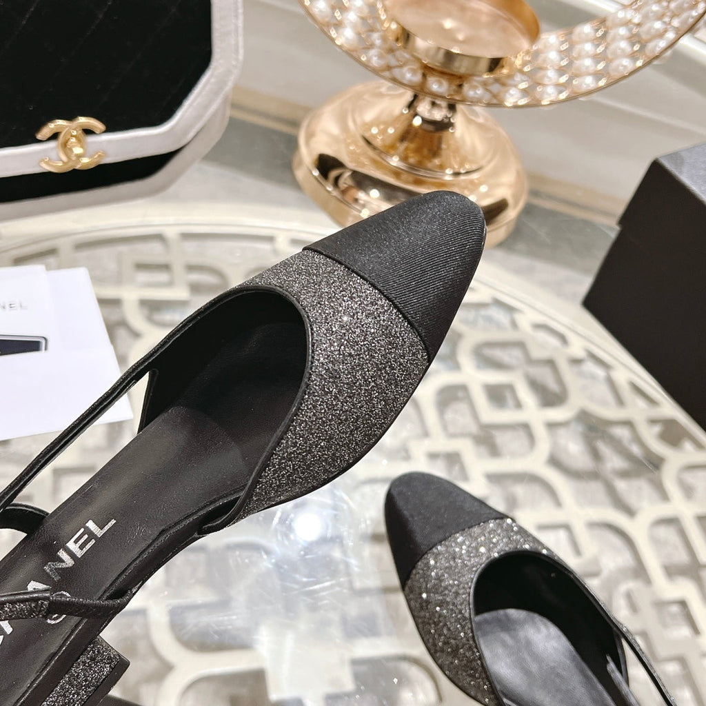 CHANEL slingback 2.5 glietter grey black grosgrain