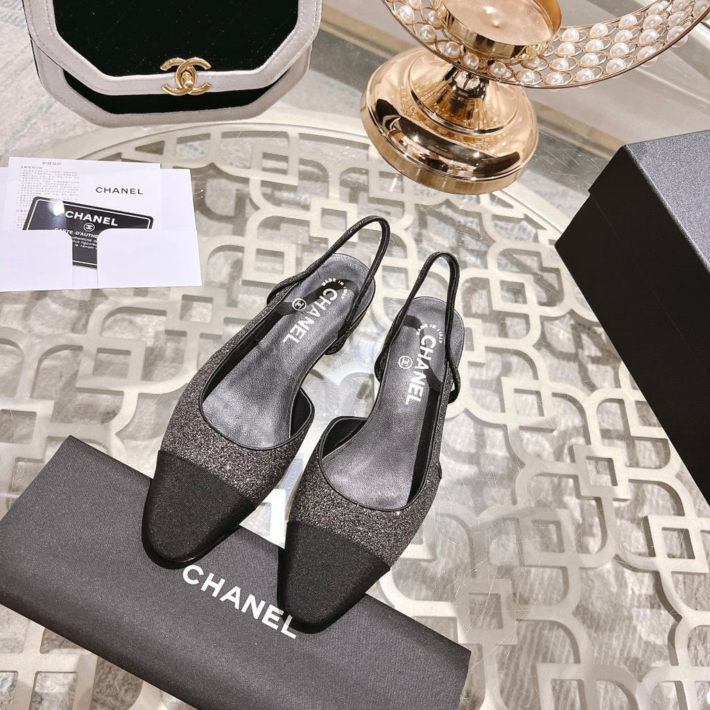 CHANEL slingback 2.5 glietter grey black grosgrain