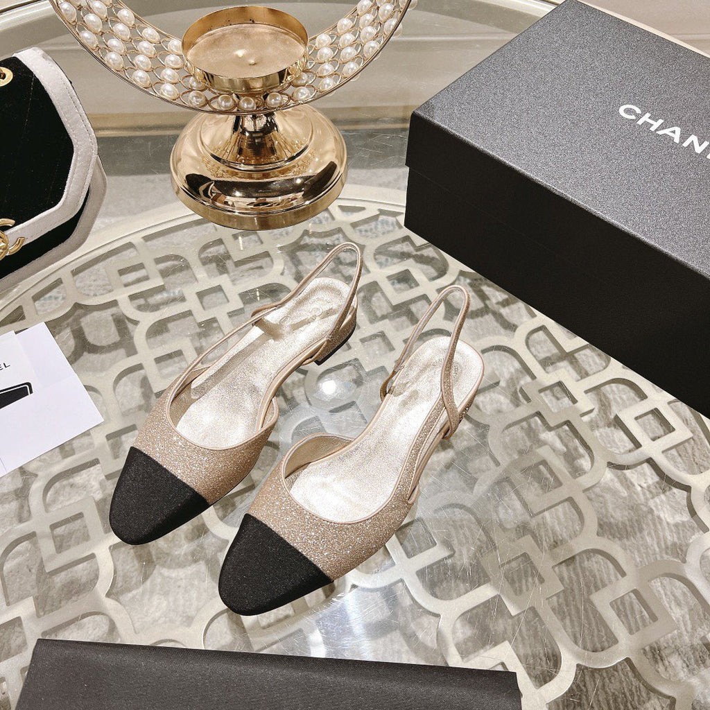 CHANEL slingback 2.5 glitter ligh pink black grossgain