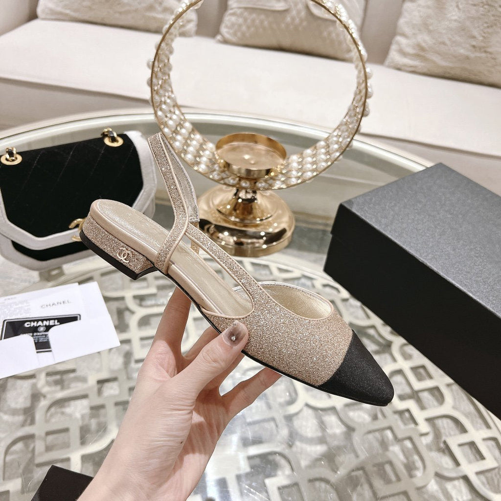 CHANEL slingback 2.5 glitter ligh pink black grossgain