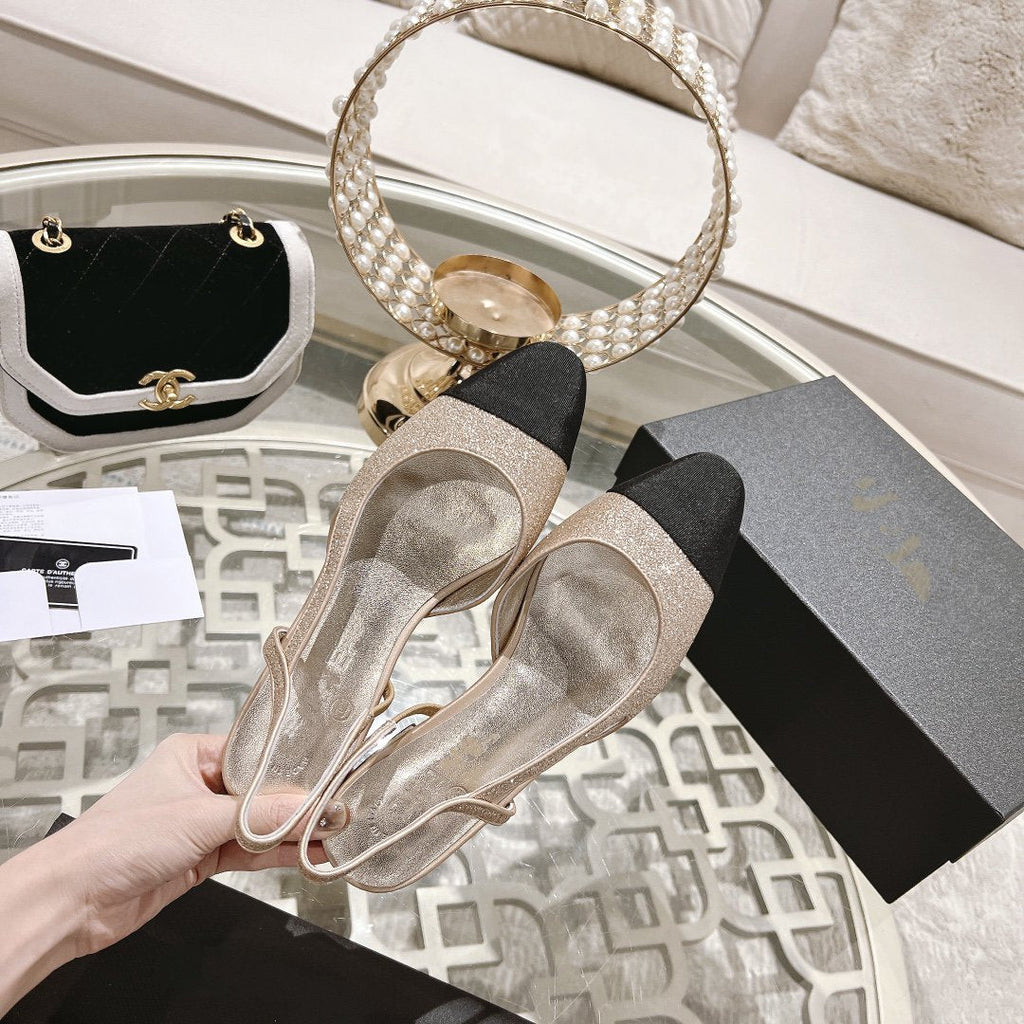 CHANEL slingback 2.5 glitter ligh pink black grossgain
