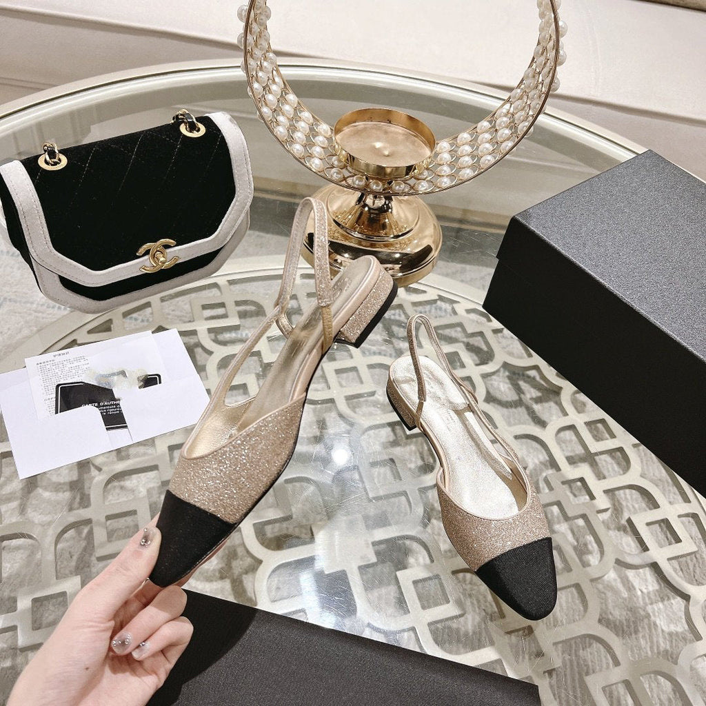 CHANEL slingback 2.5 glitter ligh pink black grossgain