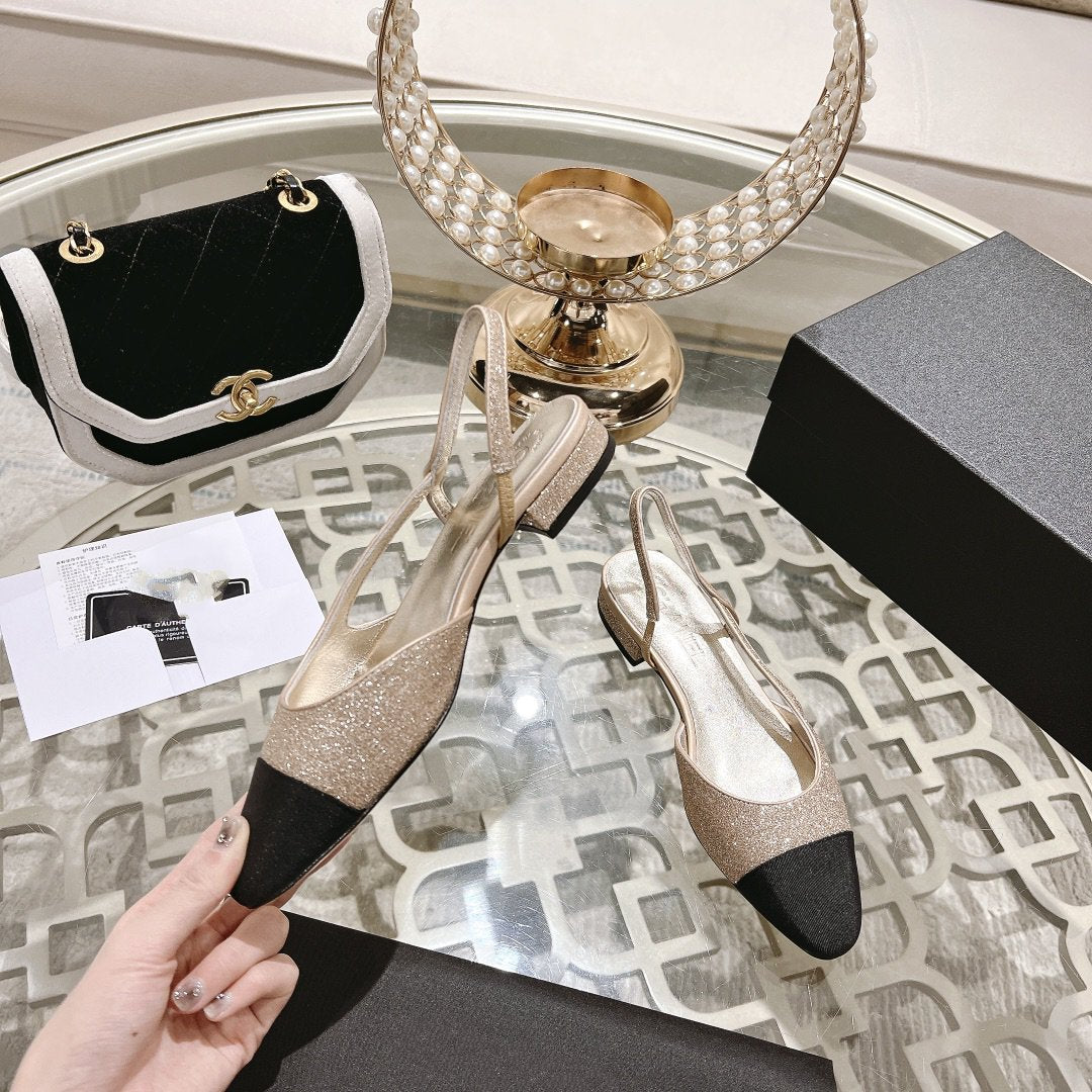 CHANEL slingback 2.5 glitter ligh pink black grossgain