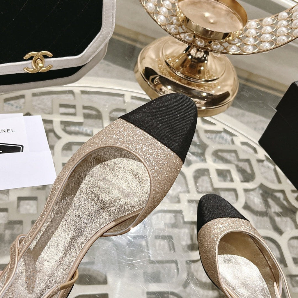 CHANEL slingback 2.5 glitter ligh pink black grossgain
