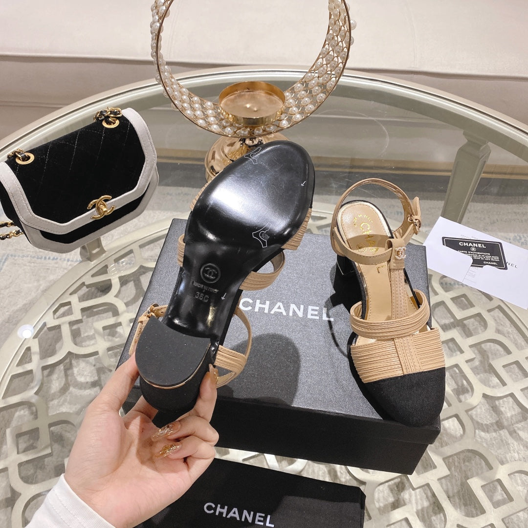 CHANEL Double C  Heeled Sandals Tan Cream Lambskin