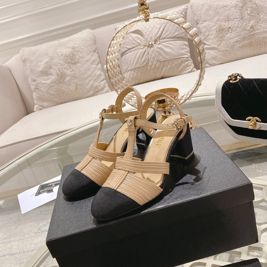 CHANEL Double C  Heeled Sandals Tan Cream Lambskin