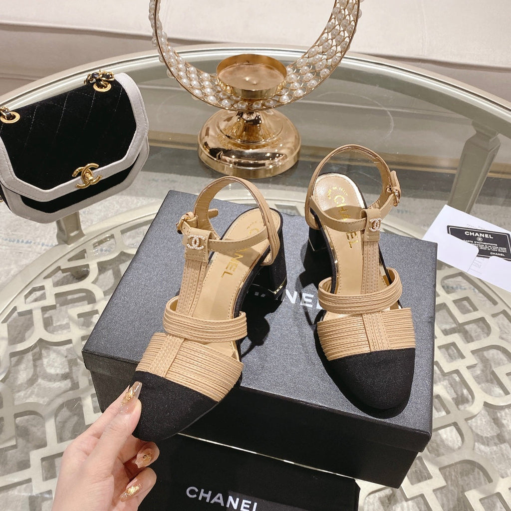 CHANEL Double C  Heeled Sandals Tan Cream Lambskin