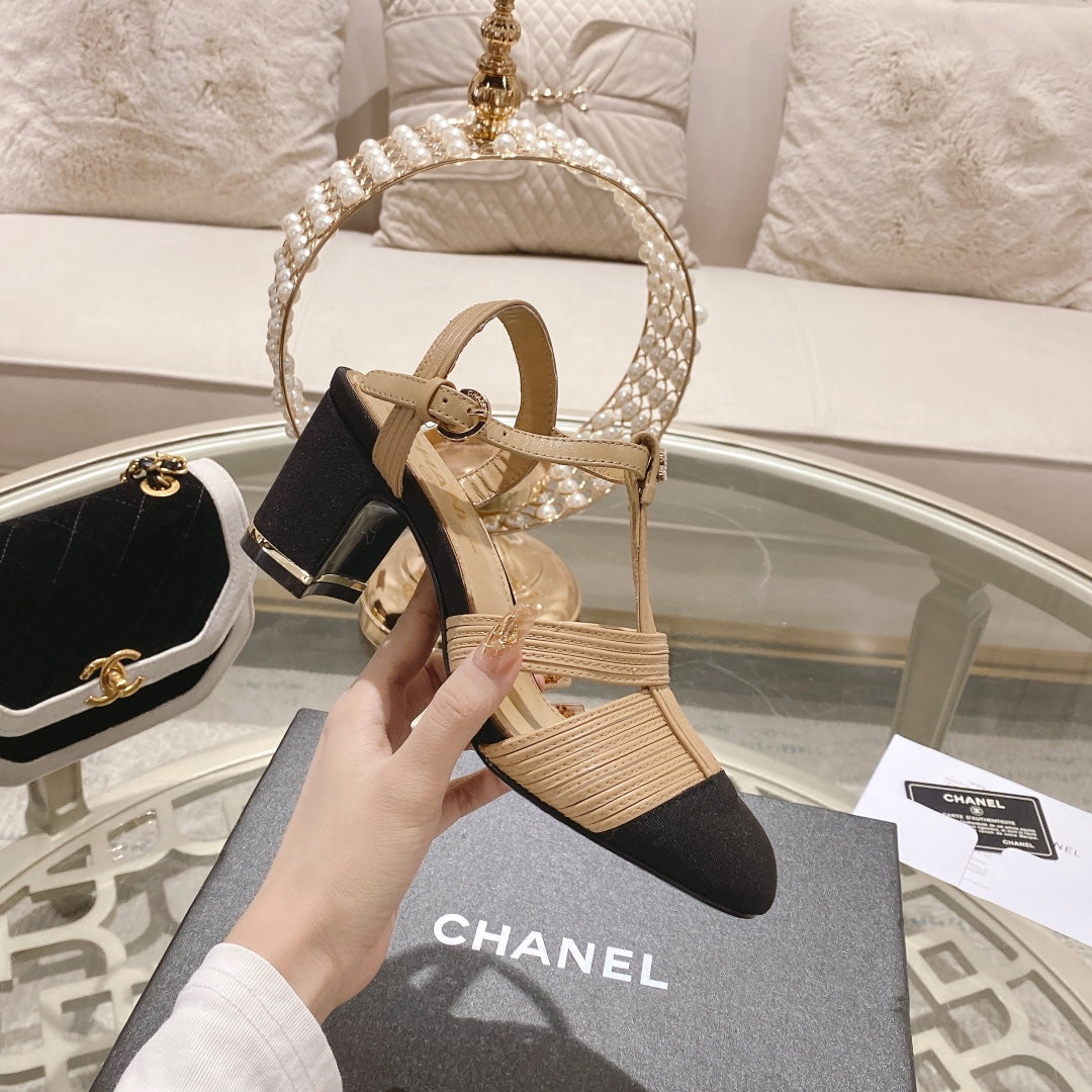 CHANEL Double C  Heeled Sandals Tan Cream Lambskin