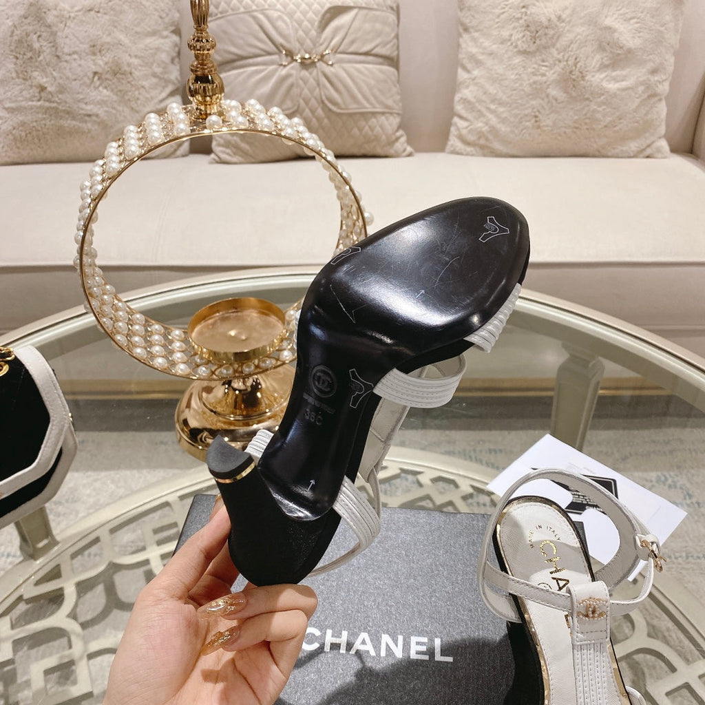 CHANEL Double C  Heeled Sandals White Black Lambskin