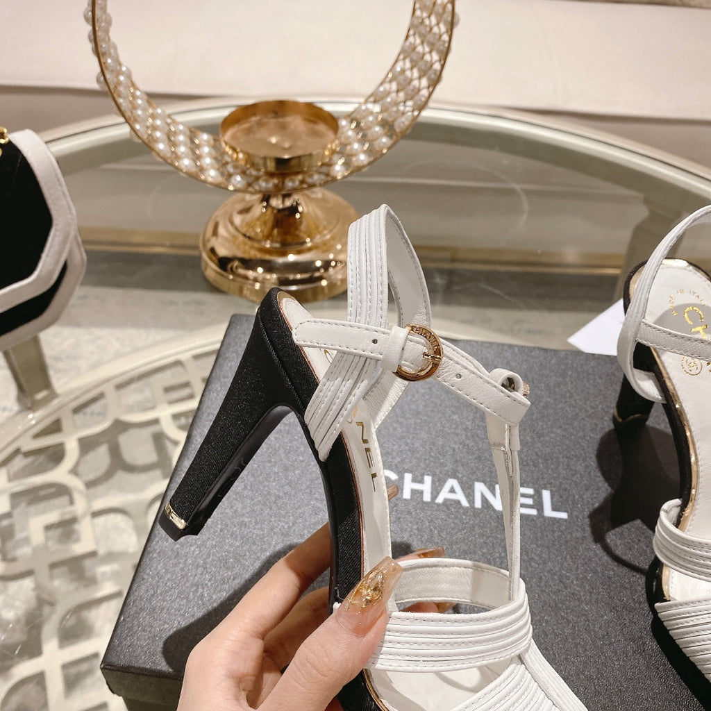 CHANEL Double C  Heeled Sandals White Black Lambskin