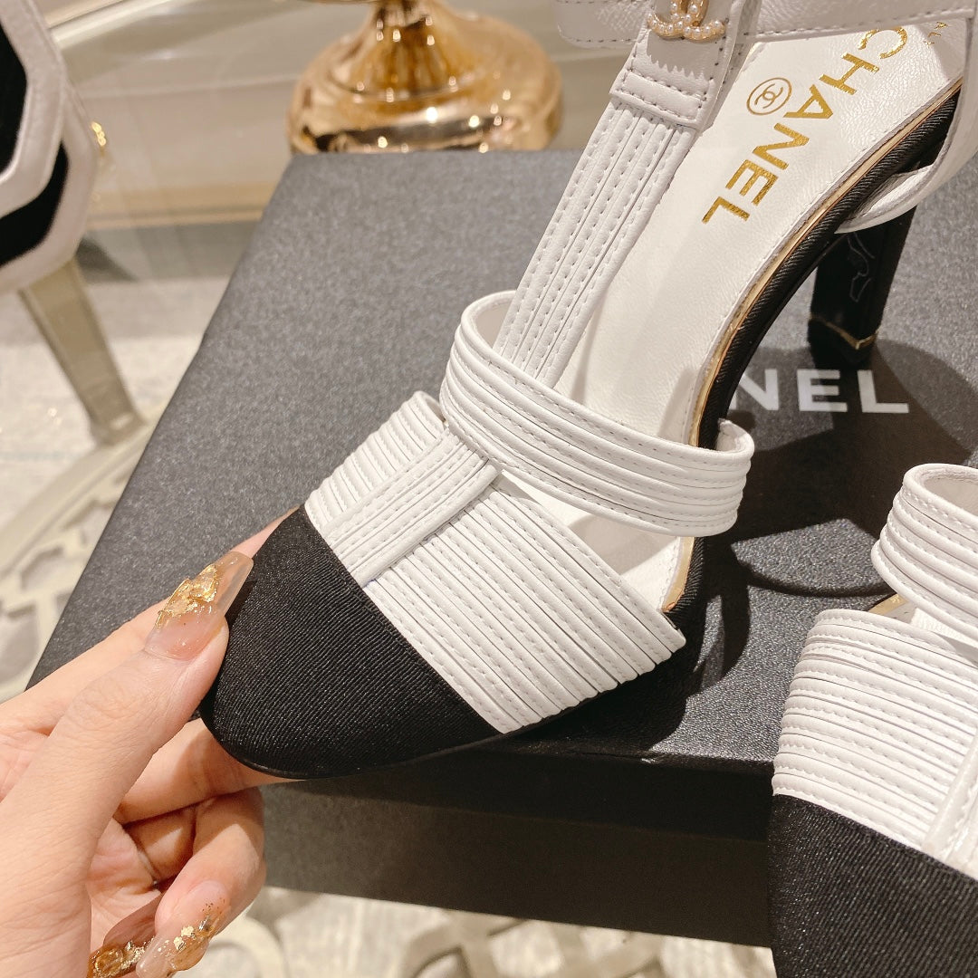 CHANEL Double C  Heeled Sandals White Black Lambskin