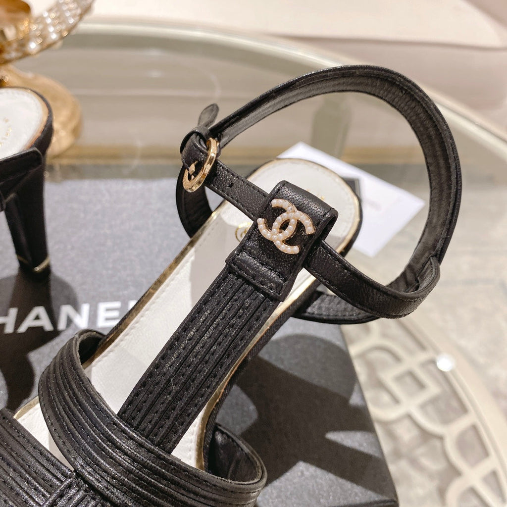 CHANEL Double C  Heeled Sandals Black Lambskin