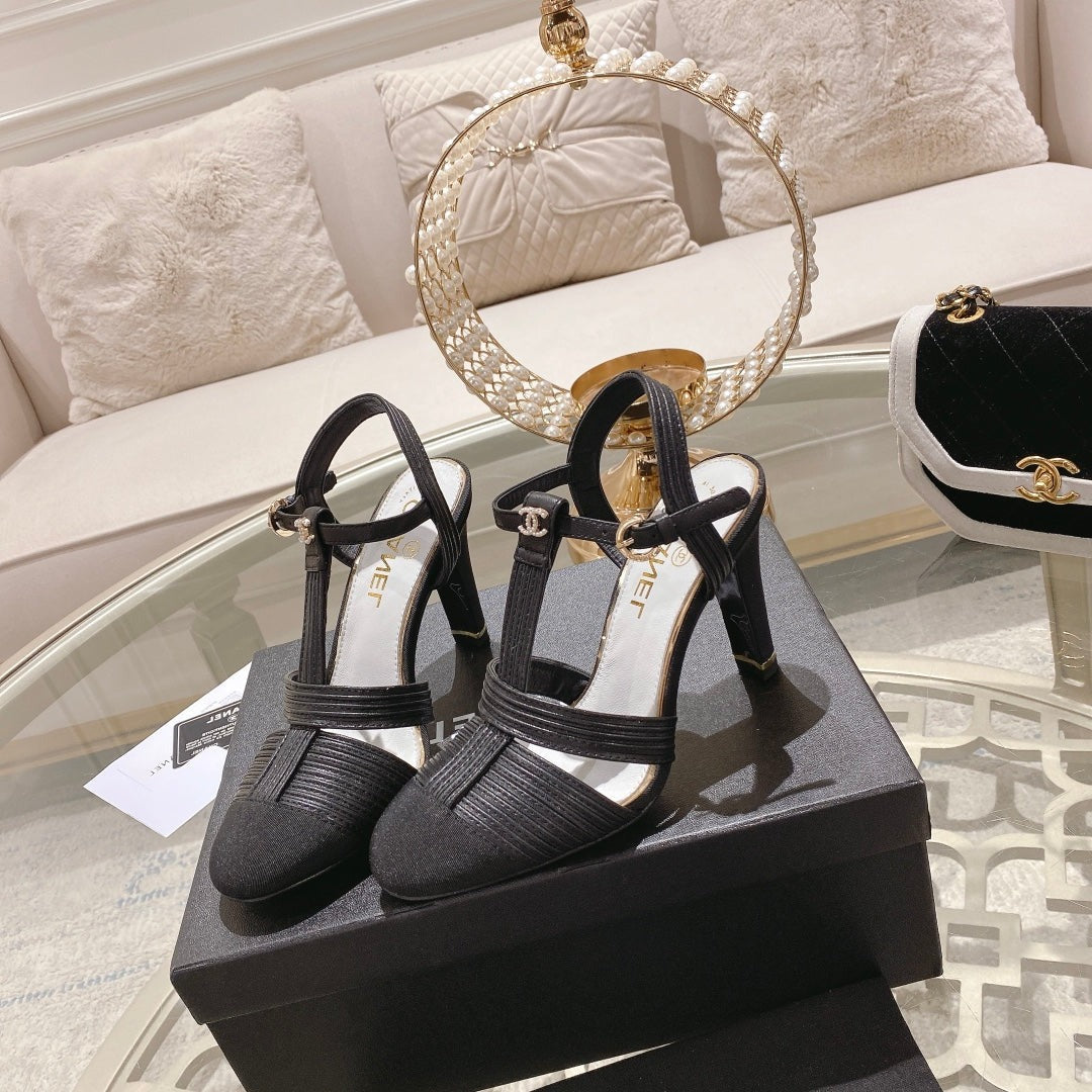 CHANEL Double C  Heeled Sandals Black Lambskin
