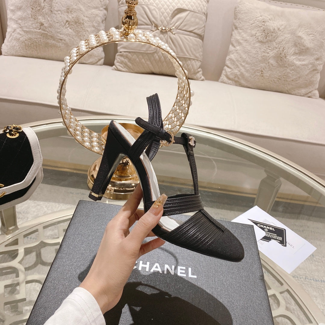 CHANEL Double C  Heeled Sandals Black Lambskin