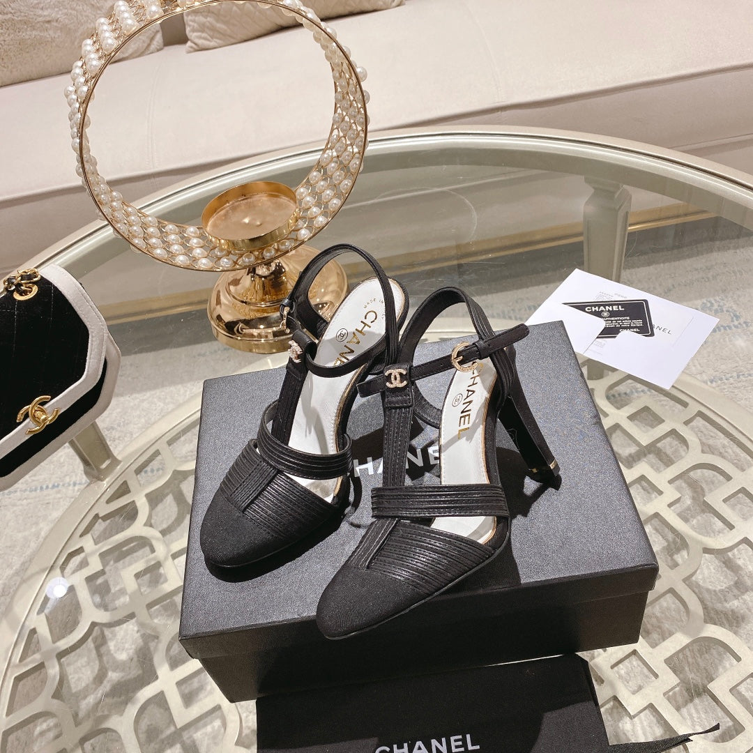 CHANEL Double C  Heeled Sandals Black Lambskin