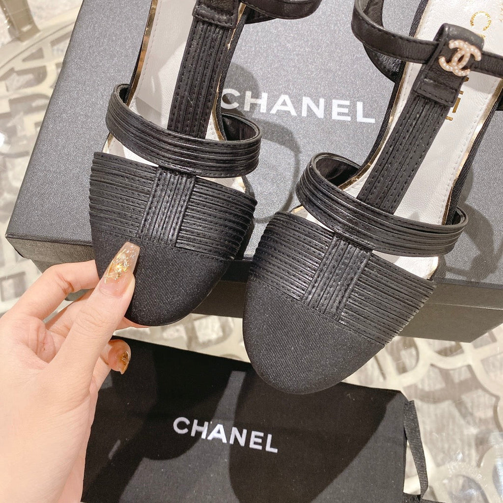 CHANEL Double C  Heeled Sandals Black Lambskin