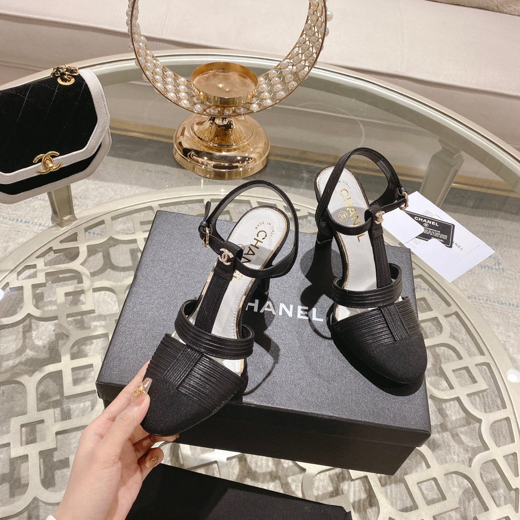CHANEL Double C  Heeled Sandals Black Lambskin