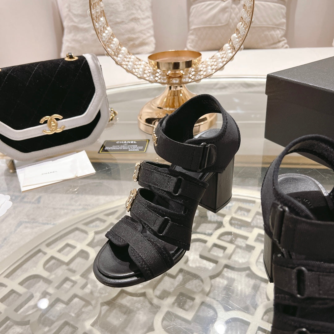 CHANEL Double C  Xiaoxiang Chain Fabric Head Chunky Heel Sandals Black Lambskin