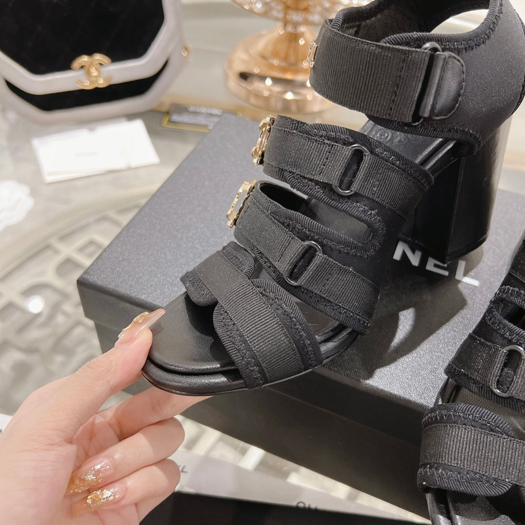 CHANEL Double C  Xiaoxiang Chain Fabric Head Chunky Heel Sandals Black Lambskin