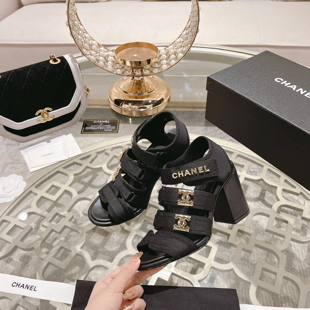 CHANEL Double C  Xiaoxiang Chain Fabric Head Chunky Heel Sandals Black Lambskin