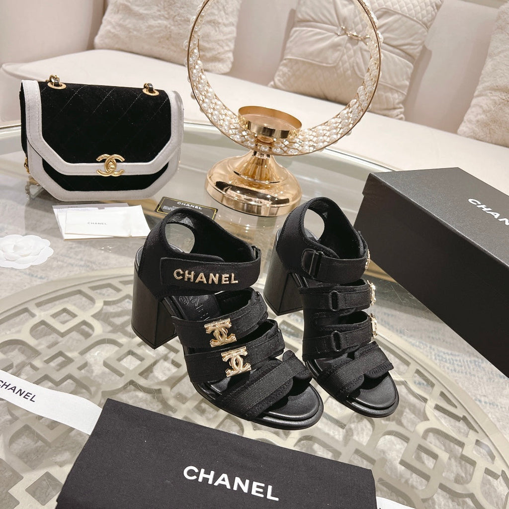 CHANEL Double C  Xiaoxiang Chain Fabric Head Chunky Heel Sandals Black Lambskin