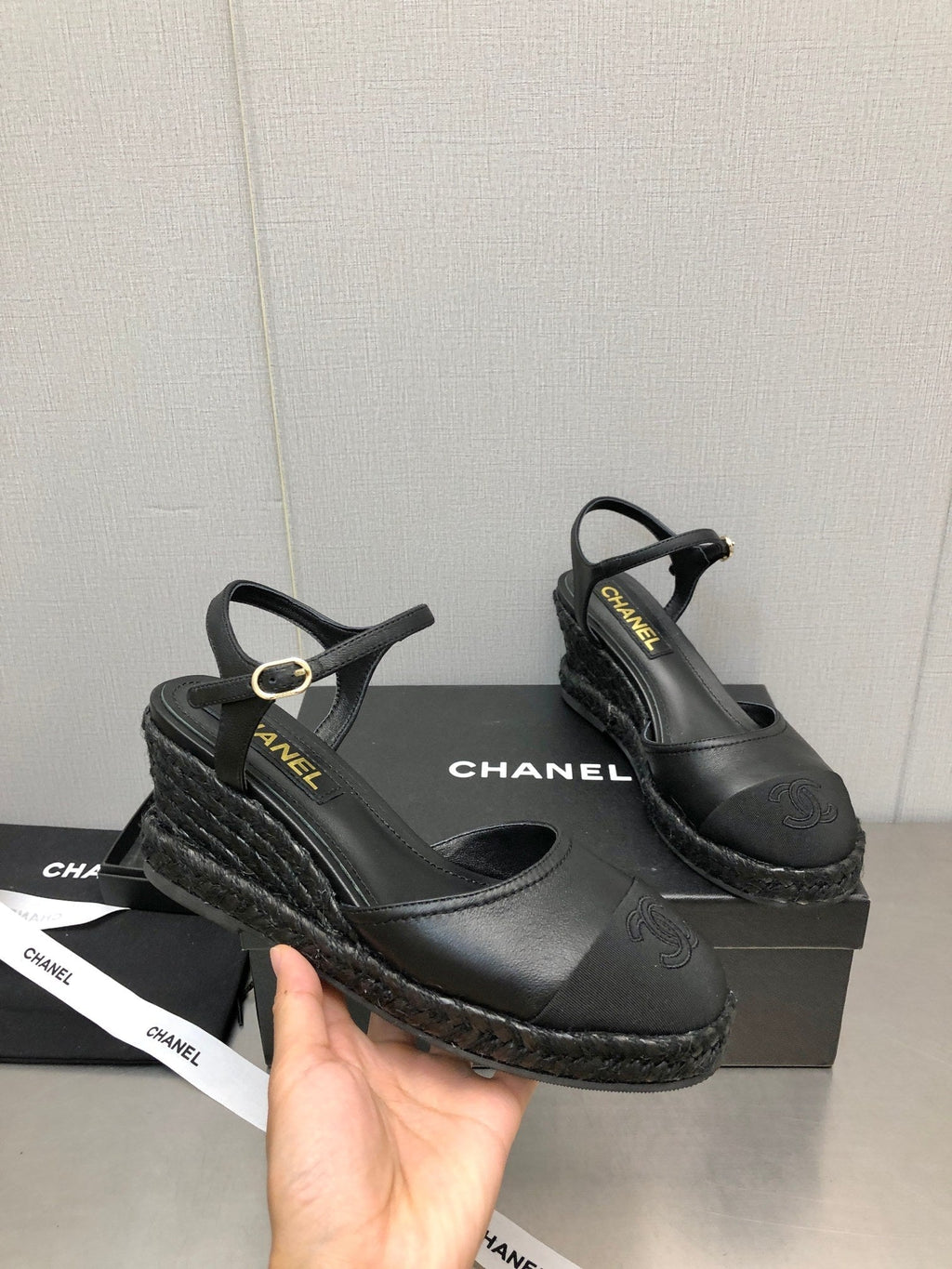 CHANEL MARY JANE WEDGE BLACK LAMBSKIN