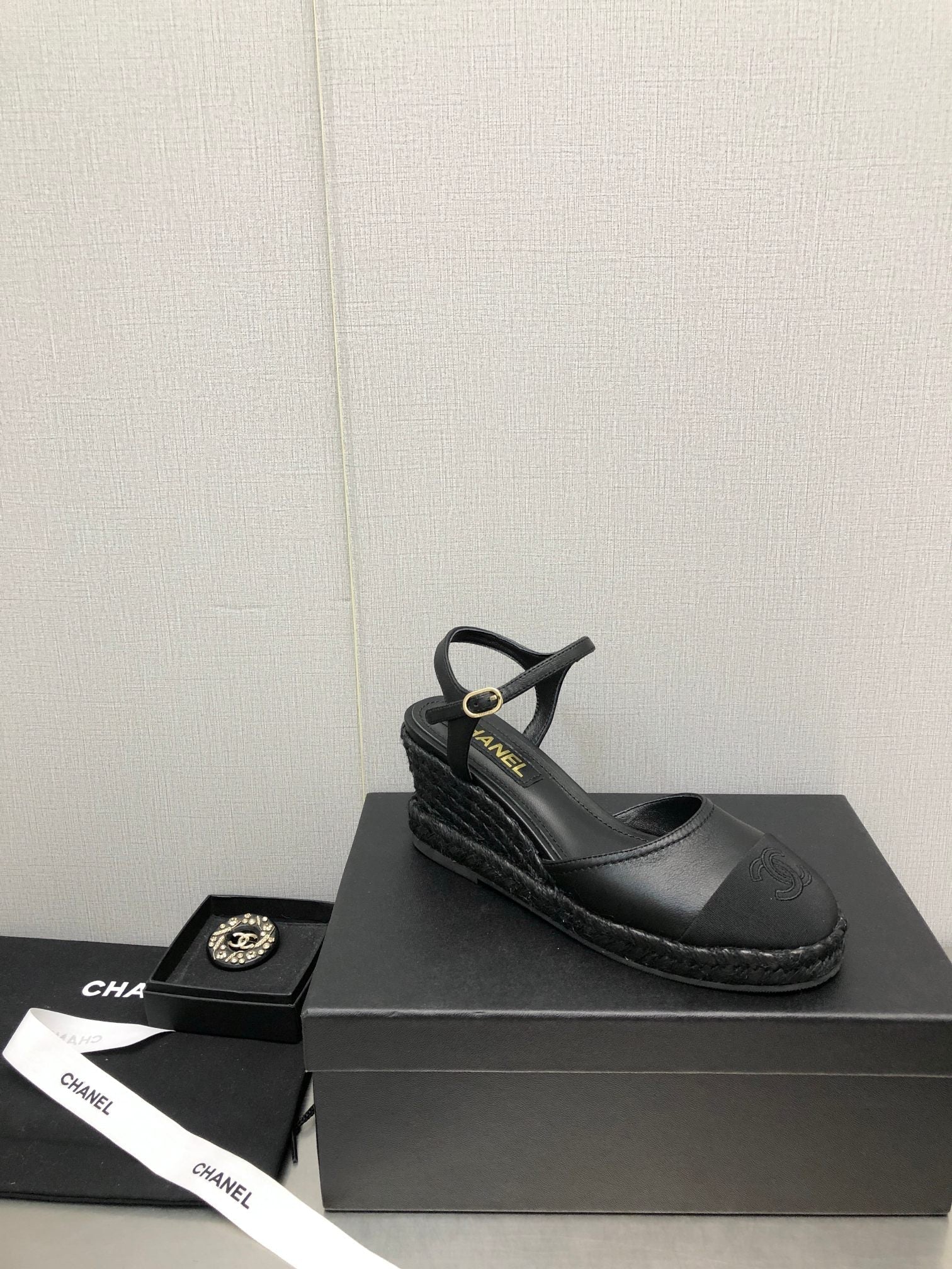 CHANEL MARY JANE WEDGE BLACK LAMBSKIN