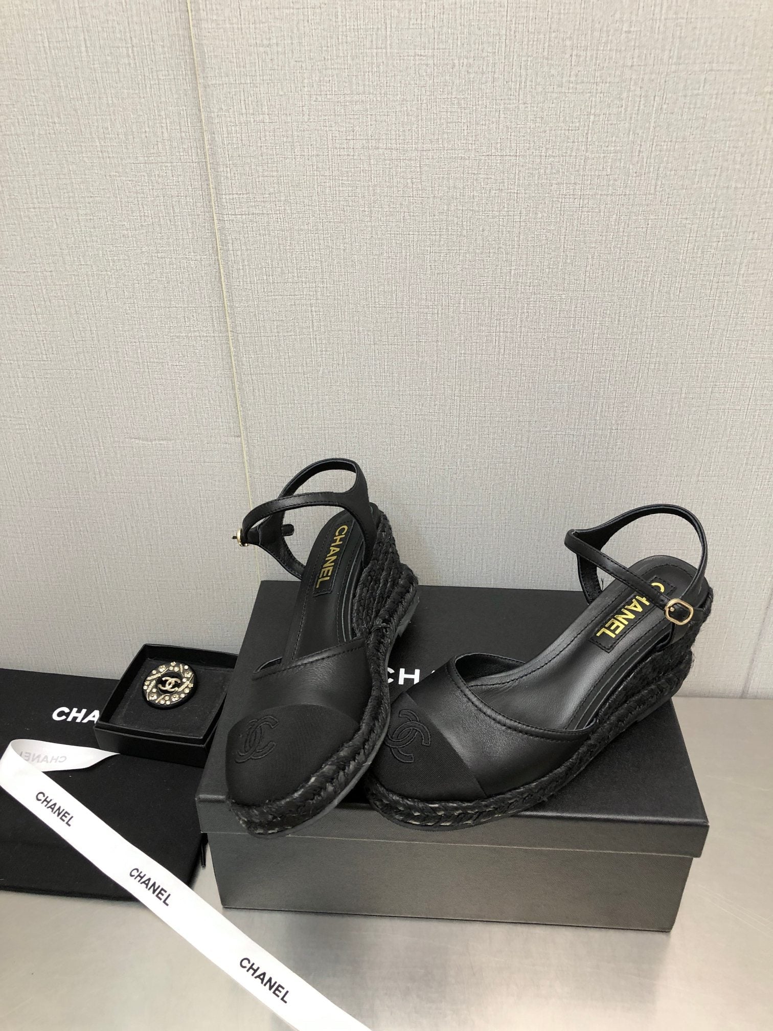 CHANEL MARY JANE WEDGE BLACK LAMBSKIN