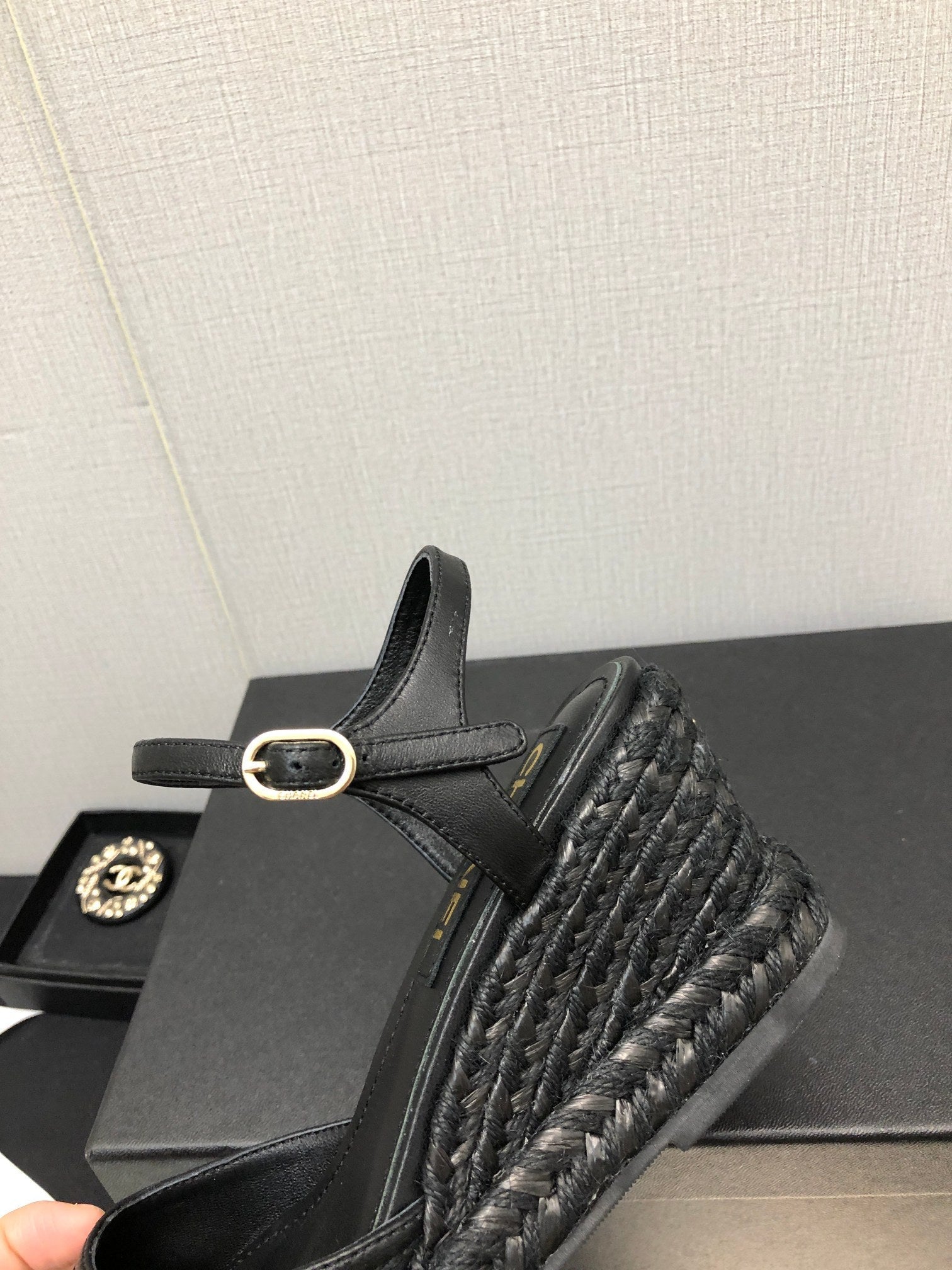 CHANEL MARY JANE WEDGE BLACK LAMBSKIN