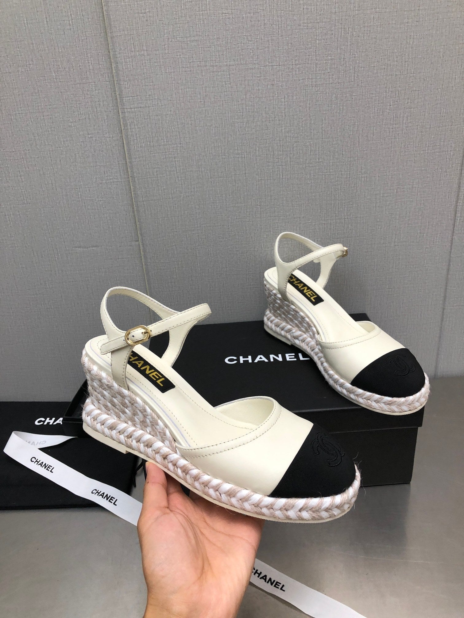 CHANEL MARY JANE WEDGE WHITE LAMBSKIN