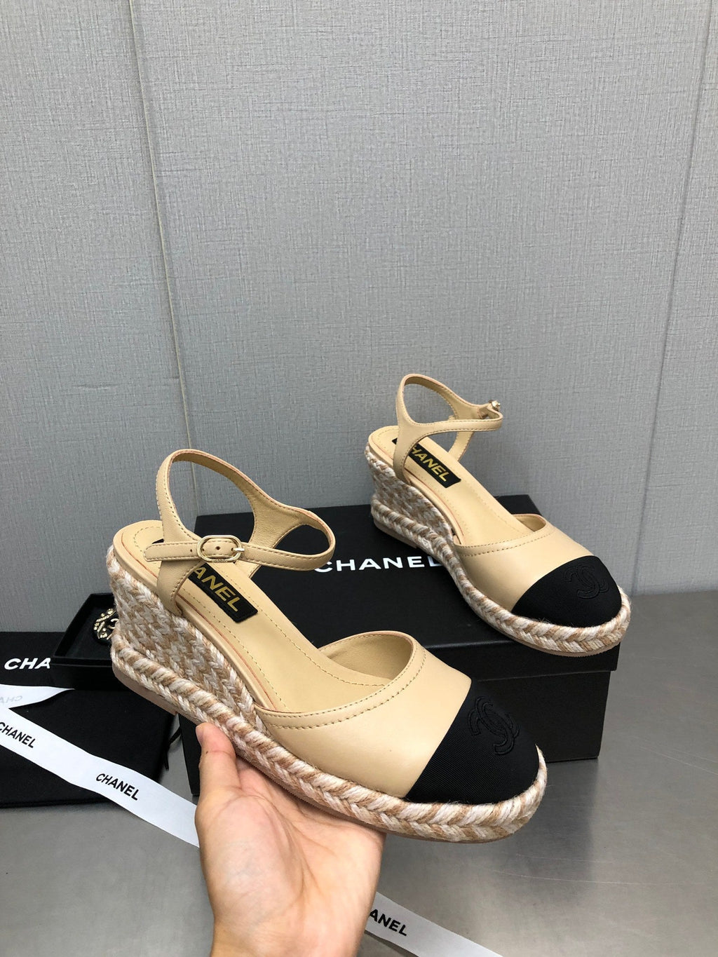 CHANEL MARY JANE WEDGE BEIGE CREAM LAMBSKIN