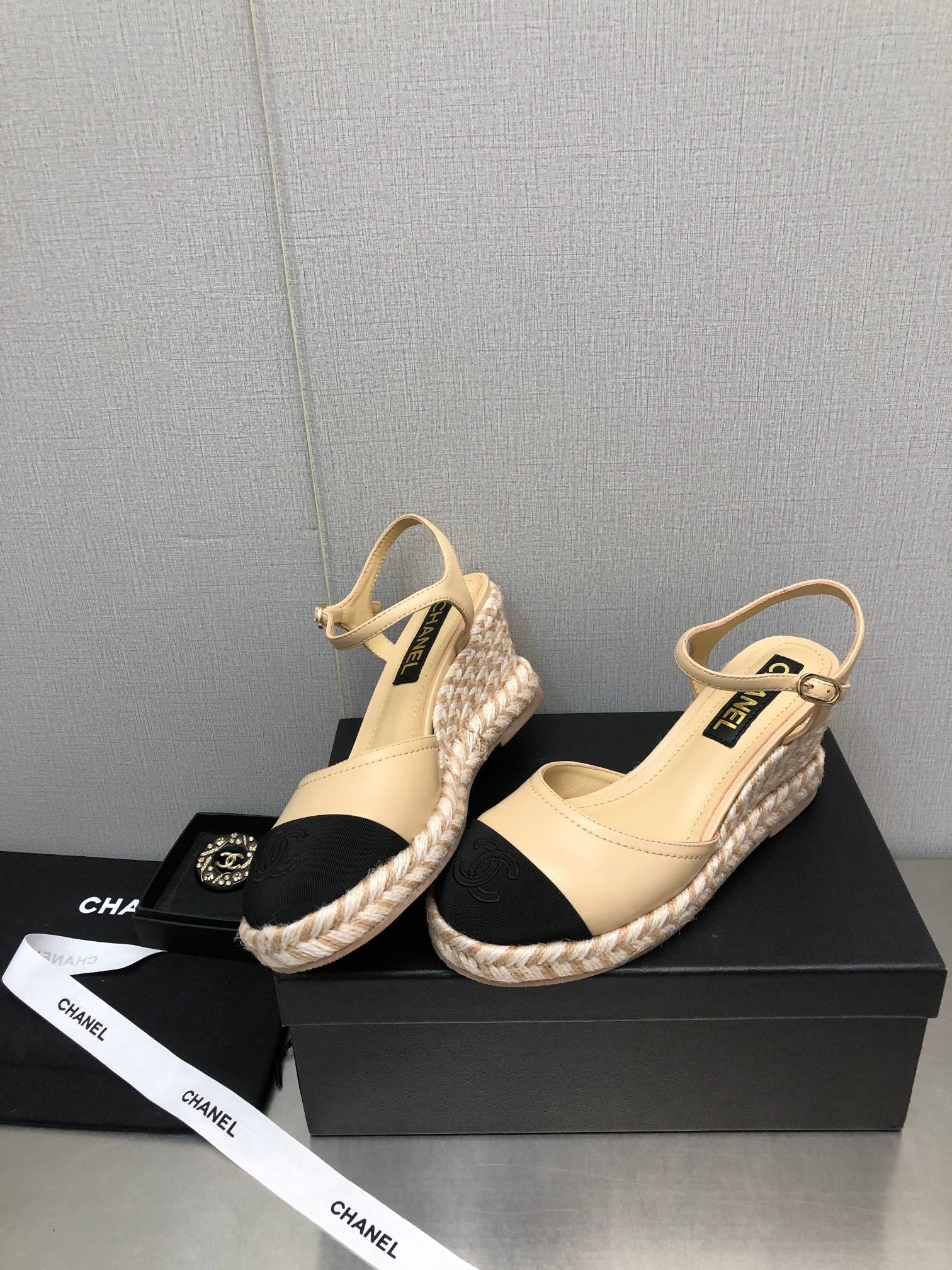 CHANEL MARY JANE WEDGE BEIGE CREAM LAMBSKIN