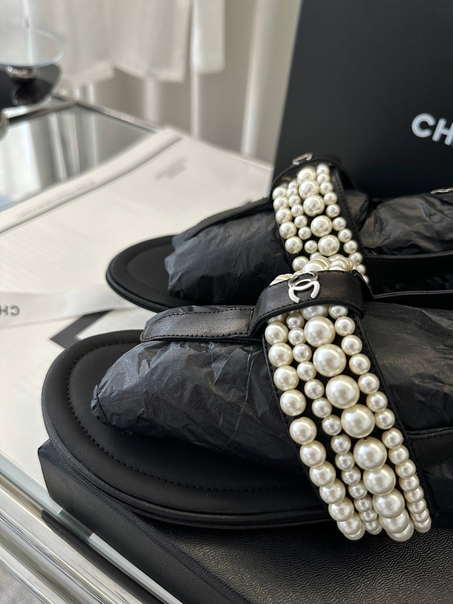 CHANEL CLASSIC THONG SANDALS PEARL CHAIN IN BLACK LAMBSKIN