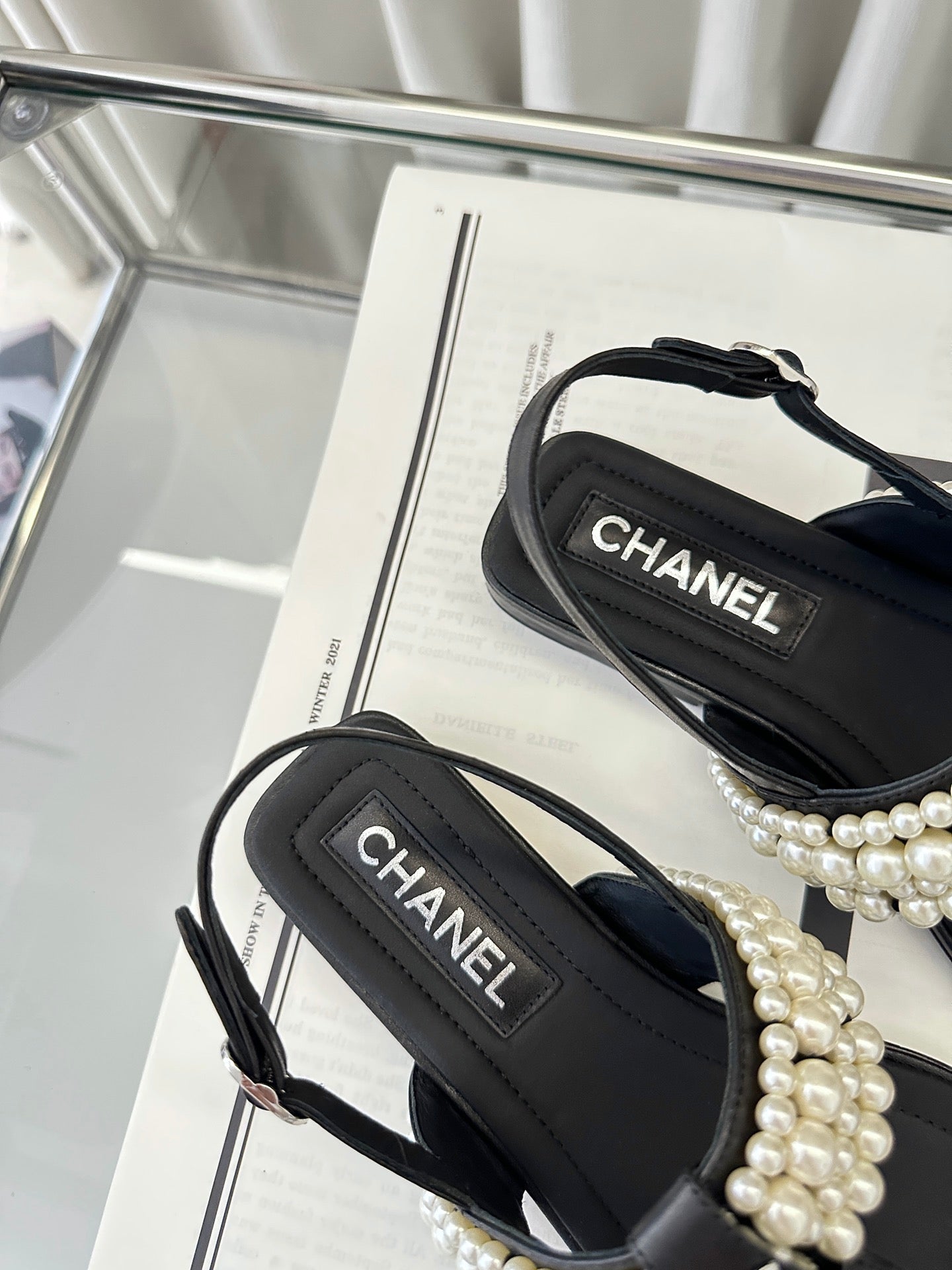 CHANEL CLASSIC THONG SANDALS PEARL CHAIN IN BLACK LAMBSKIN