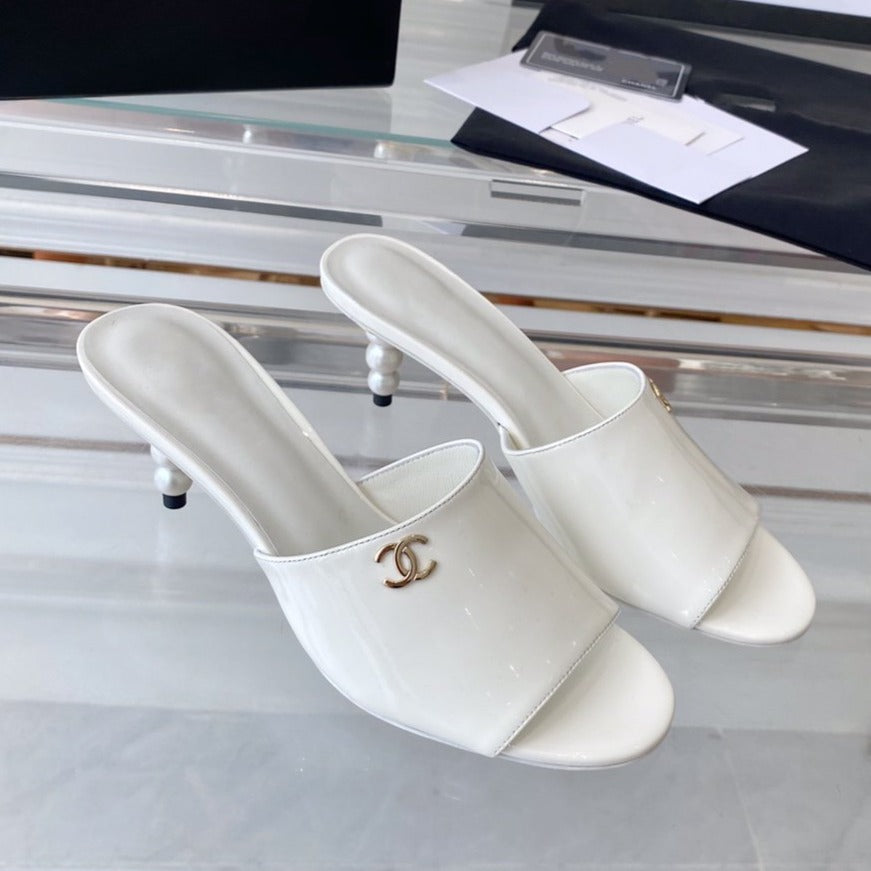 CHANEL high heel 70 mule sandals white patent calfskin