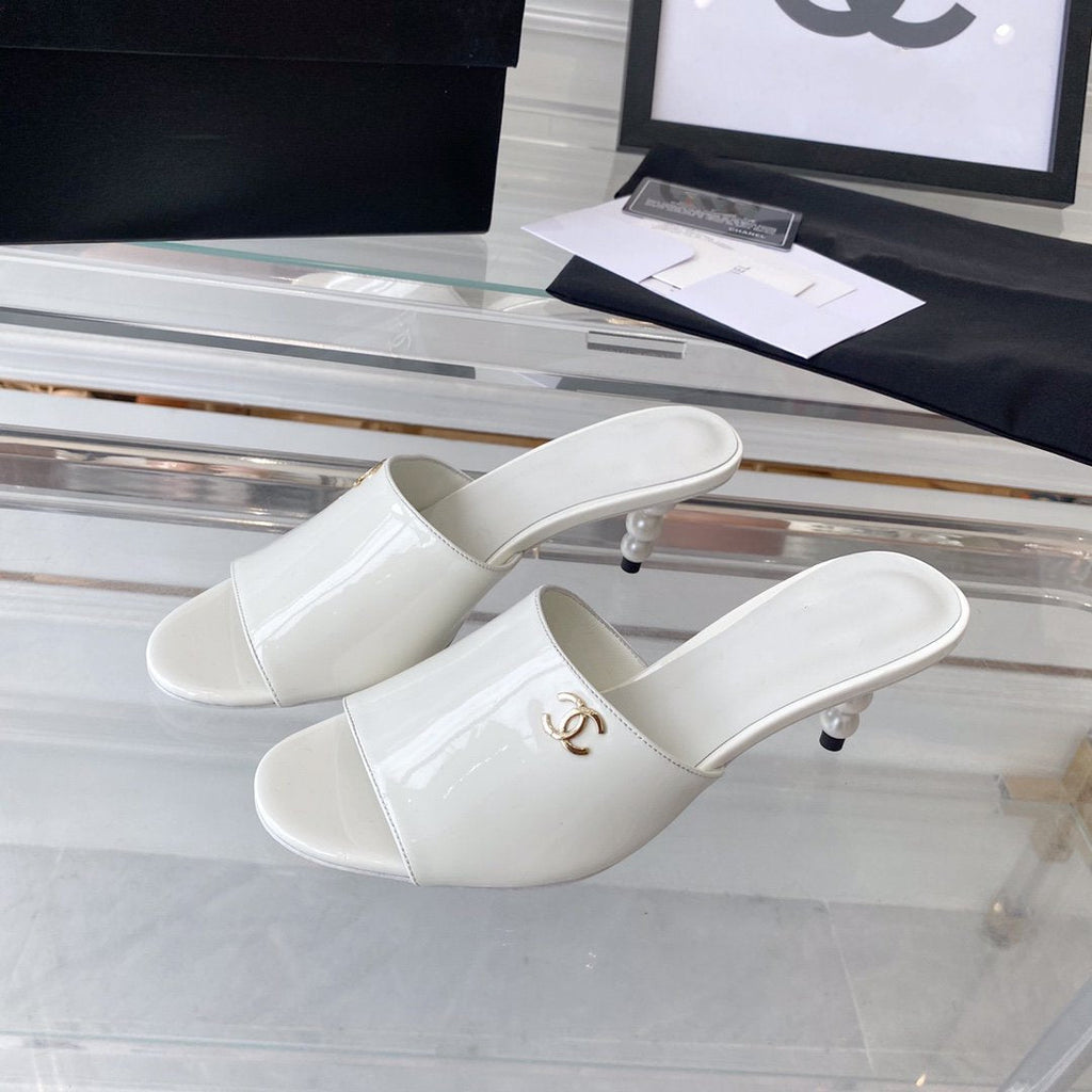 CHANEL high heel 70 mule sandals white patent calfskin