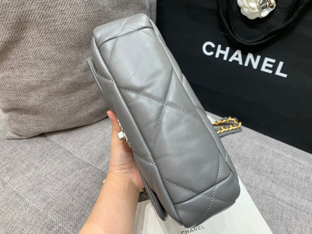 CHANEL 19 FLAP BAG 26 DARK GREY GOATSKIN SILVER HARDWARE