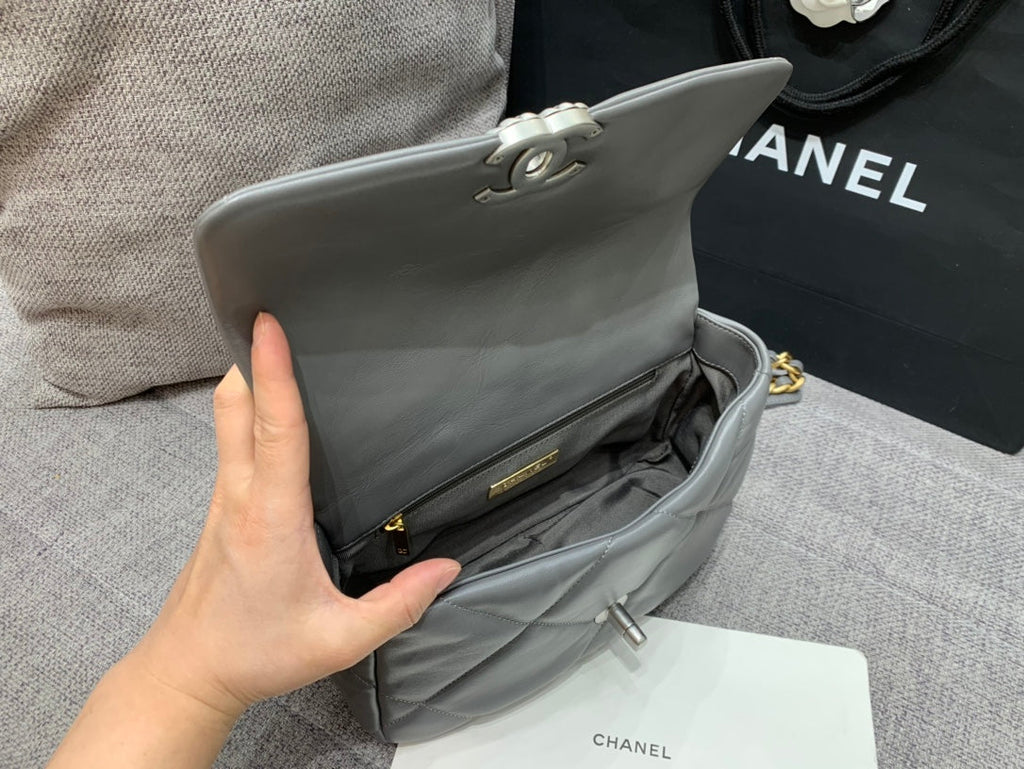 CHANEL 19 FLAP BAG 26 DARK GREY GOATSKIN SILVER HARDWARE