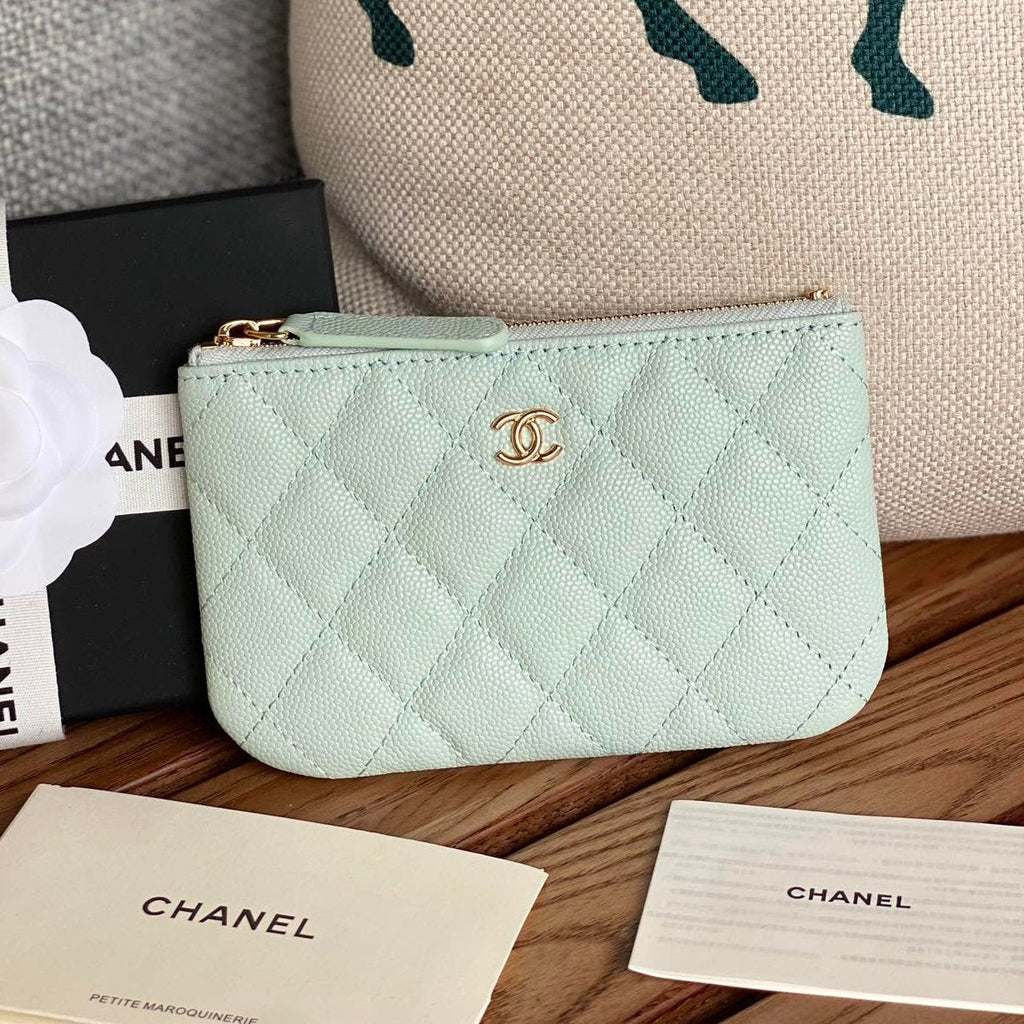 CHANEL CLASSIC SMALL 15 ZIPPED POUCH IN SKY BLUE GRAINED CALFSKIN