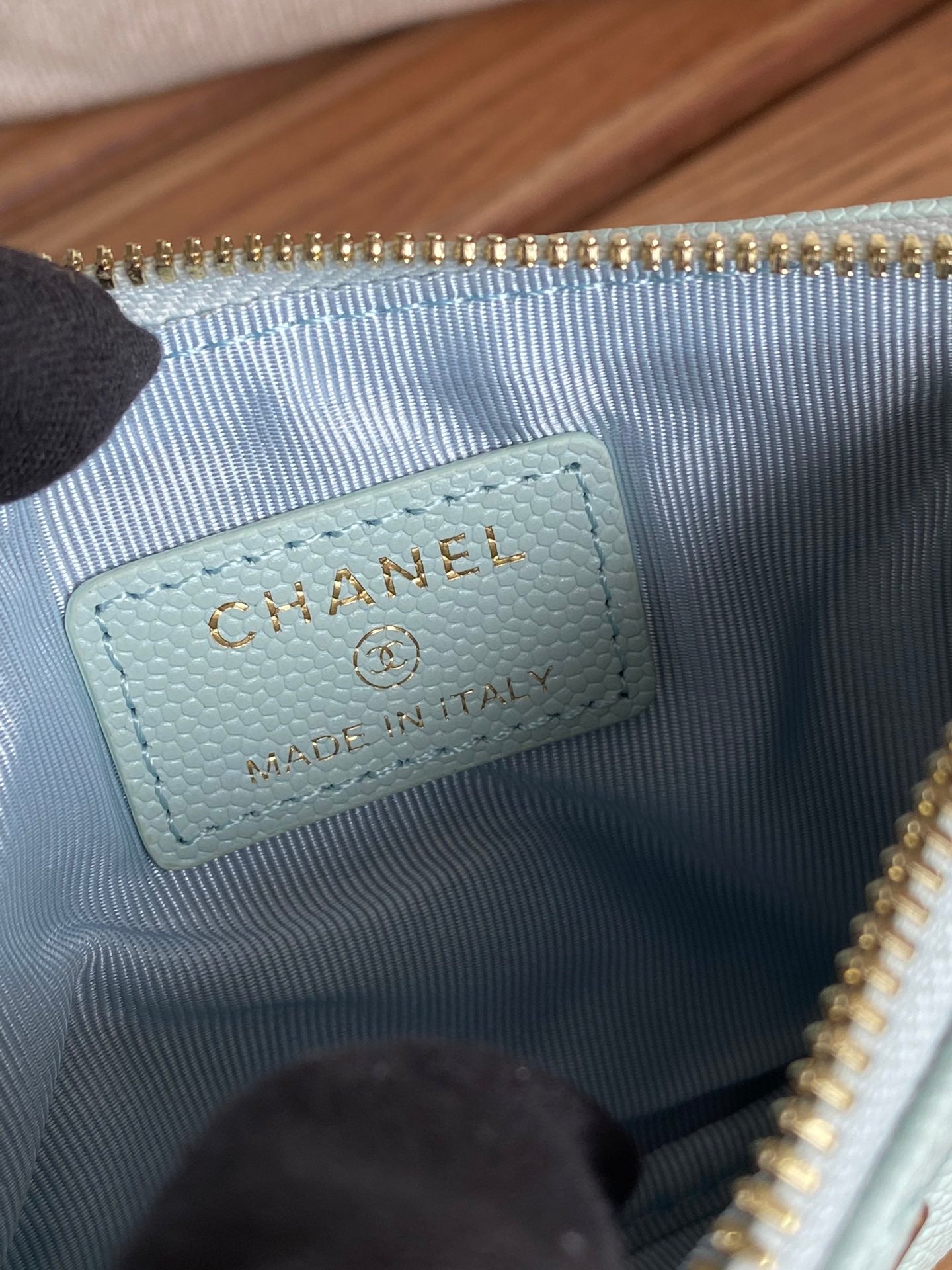 CHANEL CLASSIC SMALL 15 ZIPPED POUCH IN SKY BLUE GRAINED CALFSKIN