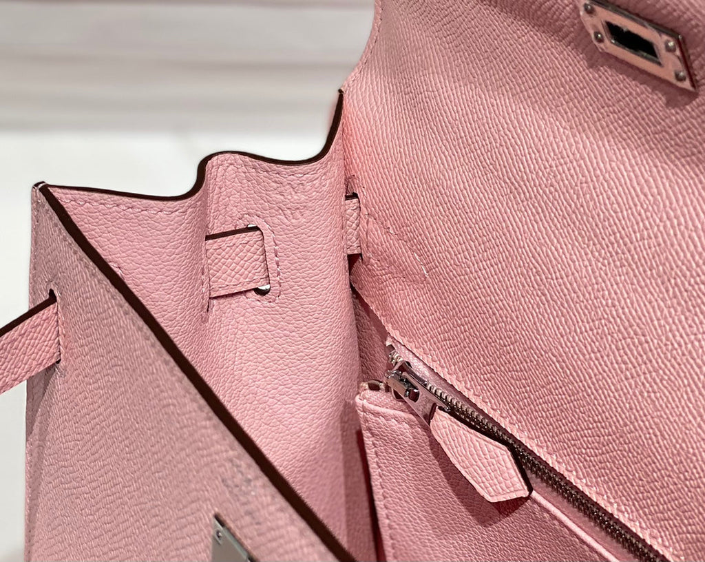 HERMES KELLY 28CM IN ROSE SAKURA SWIFT CALFSKIN SILVER HARDWARE
