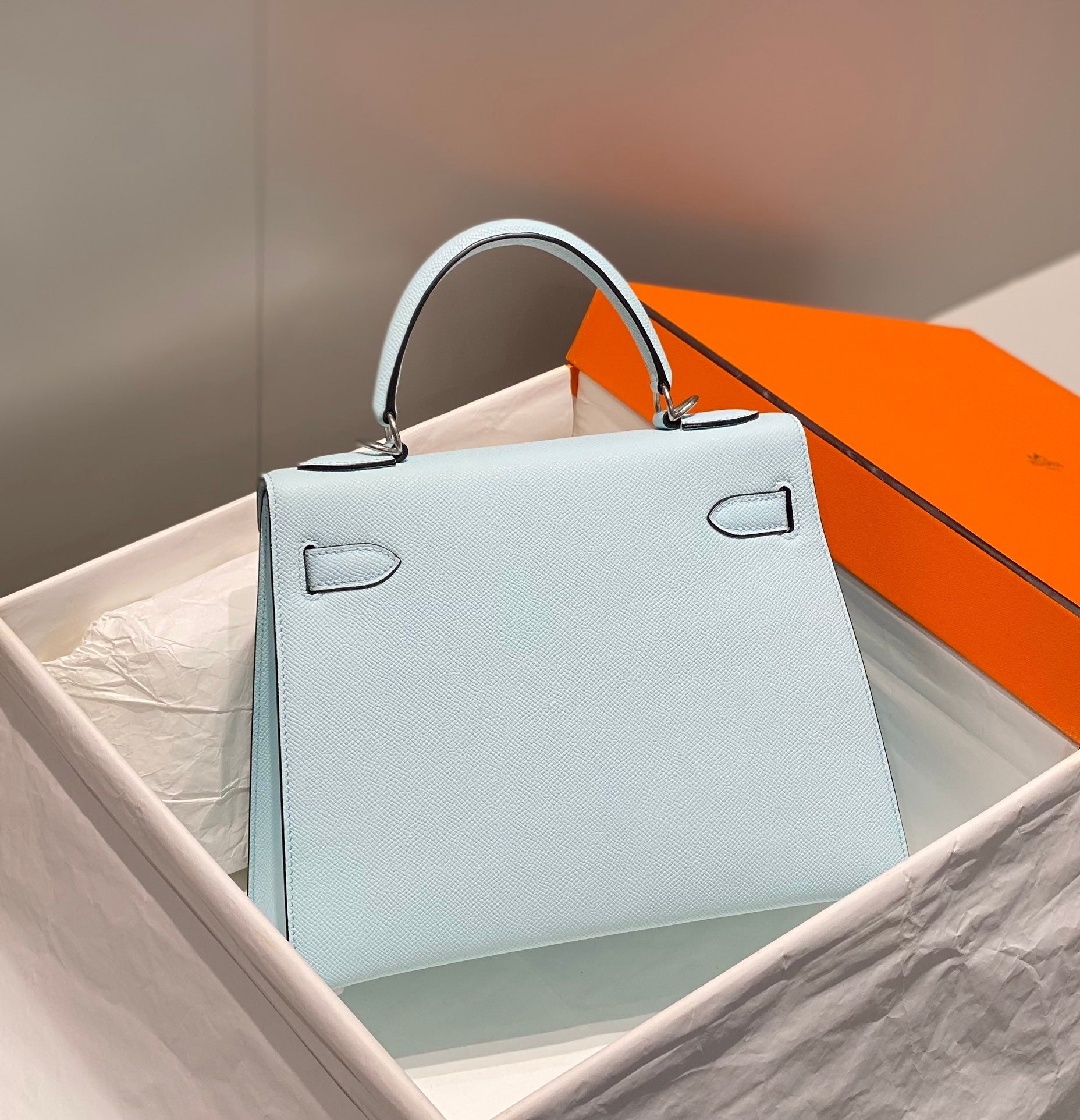HERMES KELLY 28CM IN BLUE BRUME EPSOM CALFSKIN PALLADIUM HARDWARE