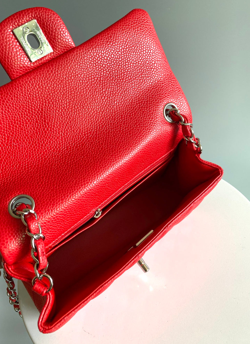 CHANEL MINI RECTANGLE FLAP BAG 20CM RED CAVIAR SILVER HARDWARE