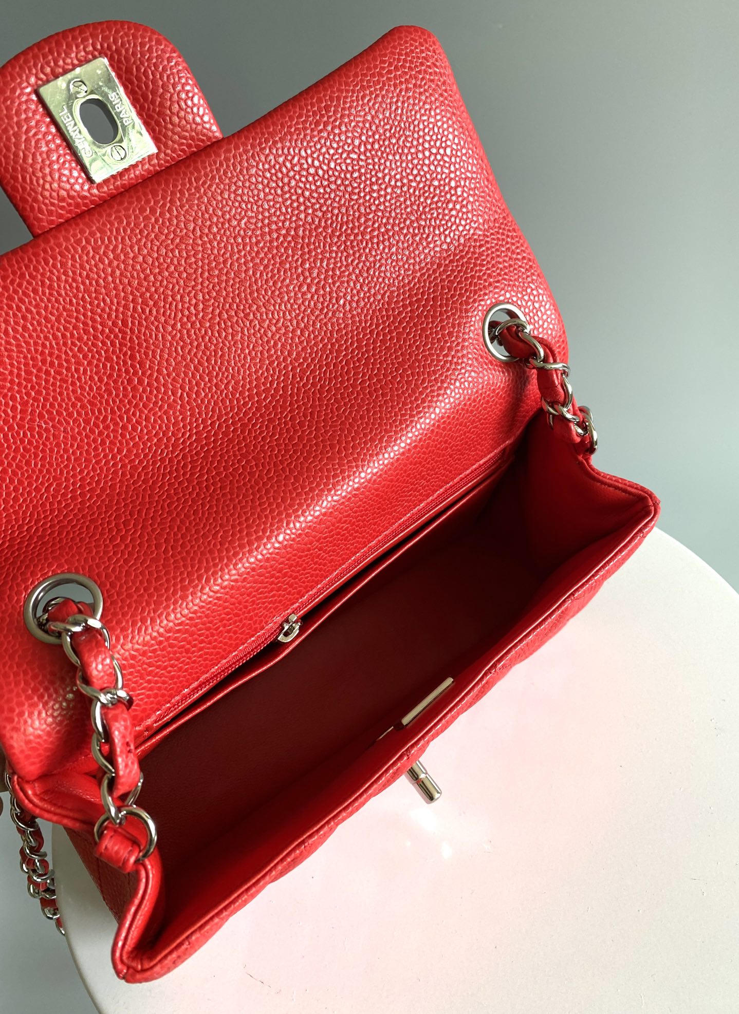 CHANEL MINI RECTANGLE FLAP BAG 20CM RED CAVIAR SILVER HARDWARE