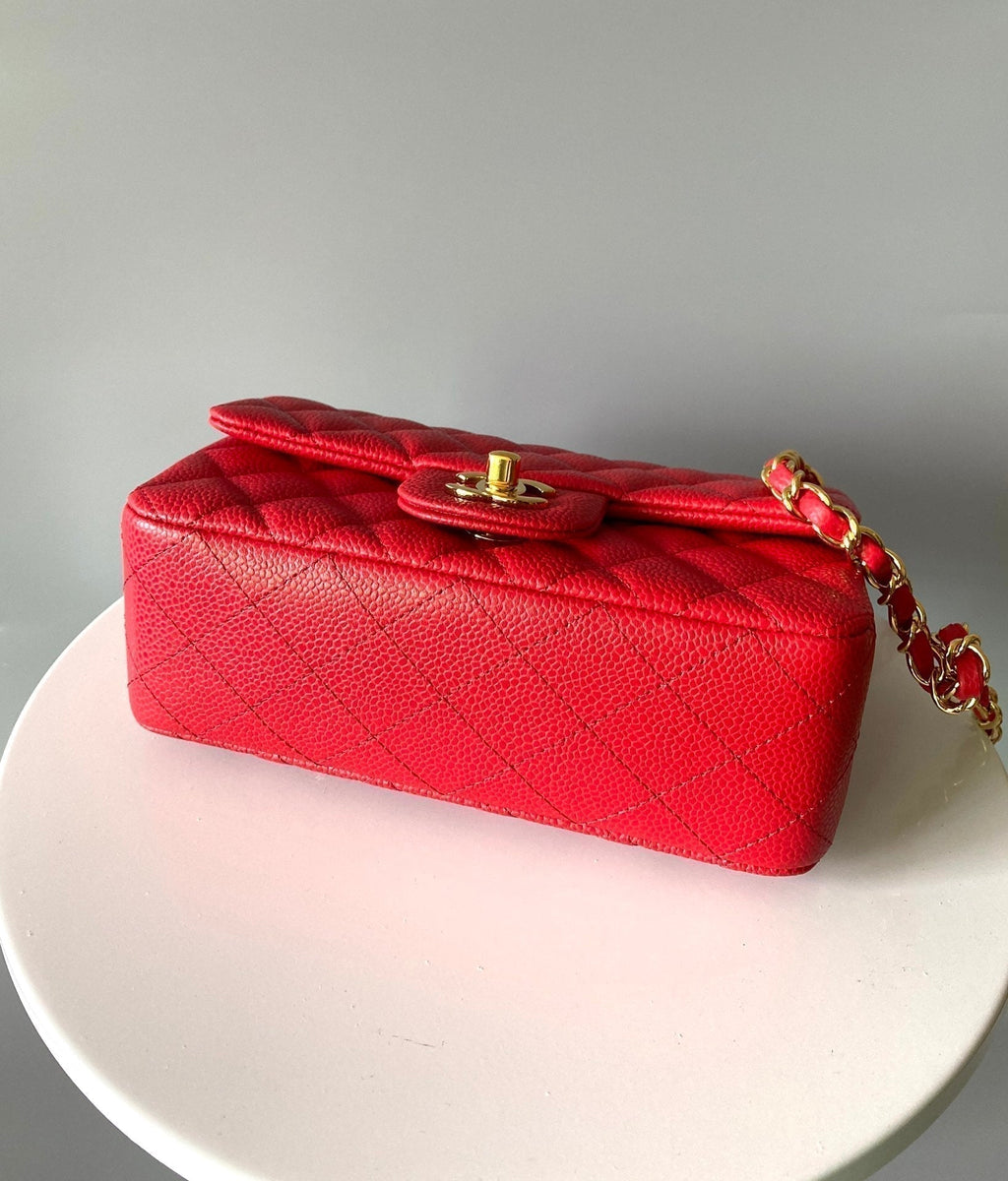 CHANEL MINI RECTANGLE FLAP BAG 20CM RED CAVIAR GOLD HARDWARE